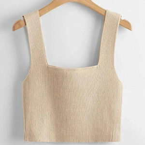 Beige Casual Women's Solid Ribbed Knit Top